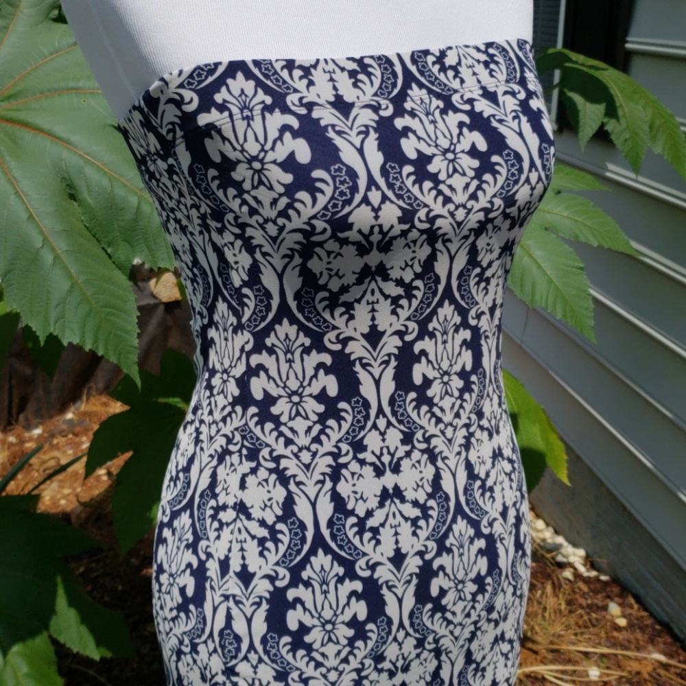 DNA couture Navy and White Strapless Midi Dress